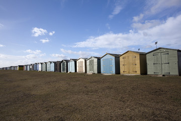 Fototapeta na wymiar Beach Huts at Dovercourt, Essex, England