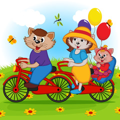 family of cats on tandem bicycle - vector illustration, eps