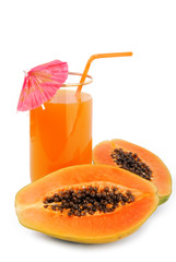 papaya fruit and glass of juice isolated on white