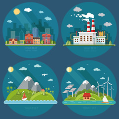 Nature icons set. Mountain landscape, cityscape, energy theme, i