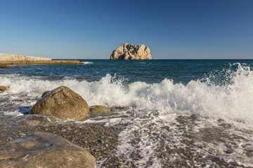 Sea with waves and foam rocks landscape