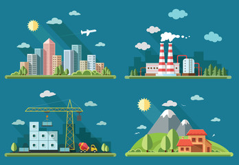 icons set. large city , country house, farmhouse on a background
