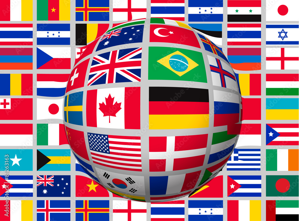 Wall mural globe on a background with flags of the world. vector.
