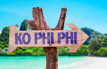 Ko Phi Phi wooden sign with beach background