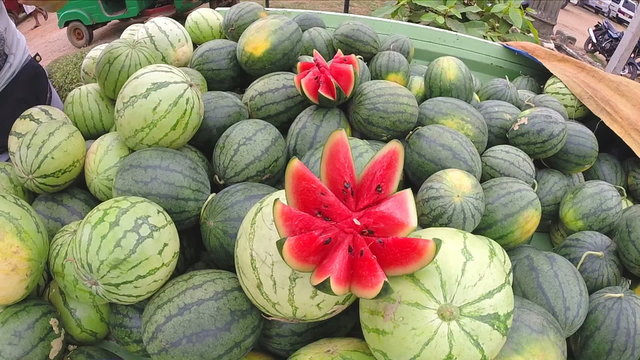 Bunch of juicy watermelons at the Sunday market in Sri Lanka.