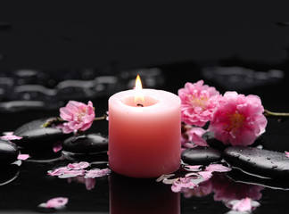 Obraz na płótnie Canvas pink cherry blossom with candle on black stones