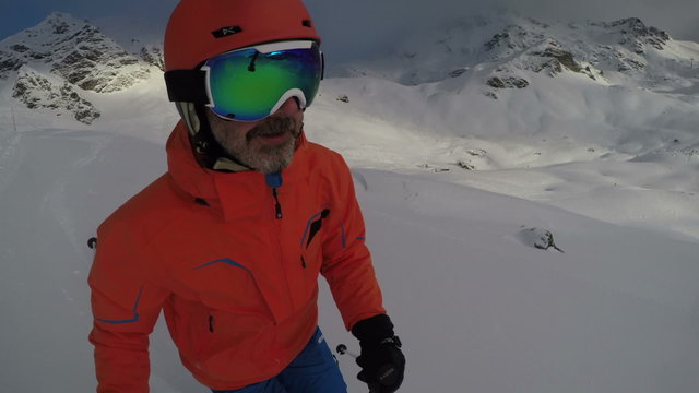 cool skier with action cam selfie view
