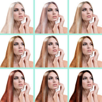 Concept of coloring hair. Portraits of beautiful woman with long hair