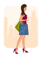 girl with shopping bags, urban background