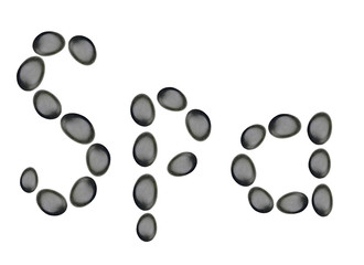 Black spa stones as word spa isolated on white