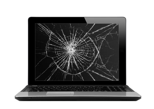Black laptop with broken screen isolated on white