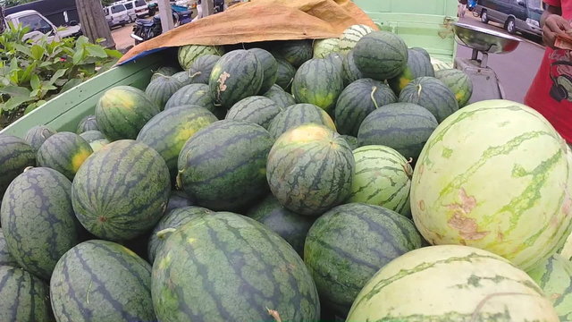 Bunch of juicy watermelons at the Sunday market in Sri Lanka.