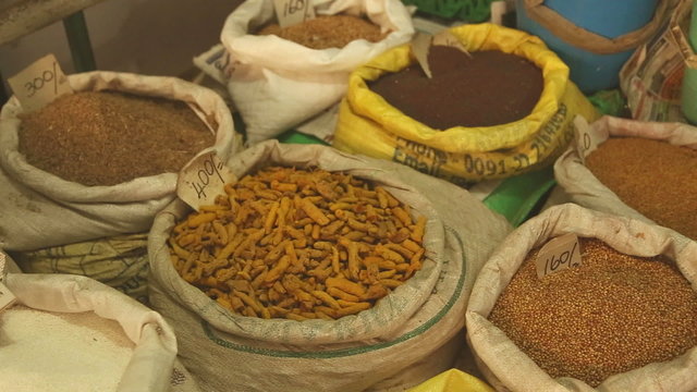 GALLE, SRI LANKA - MARCH 2014: View of bags of spices in the local market in Galle. Galle is the administrative capital of Southern Province, Sri Lanka and is the district capital of Galle District. 