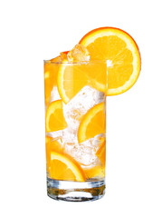 Glass Of Cold orange Drink with ice isolated on white background