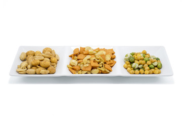 Various snack on white background