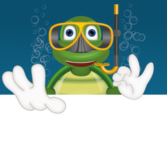 Funny turtle with diving mask under water comic cartoon