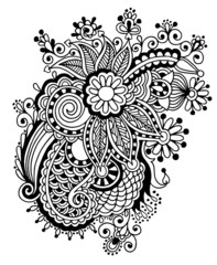 Hand draw black and white line art ornate flower design.