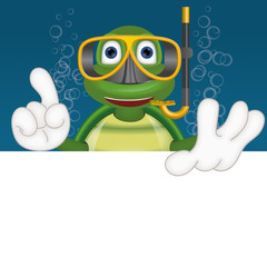 Funny turtle with diving mask under water comic cartoon