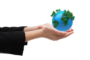 Composite image of businesswomans hands presenting