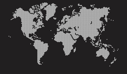 Hexagon shape world map on black background, vector image.