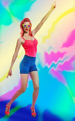 Disco redhead girl in glasses dancing. Art background