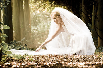 classical blonde bride in white gown with traditional veil