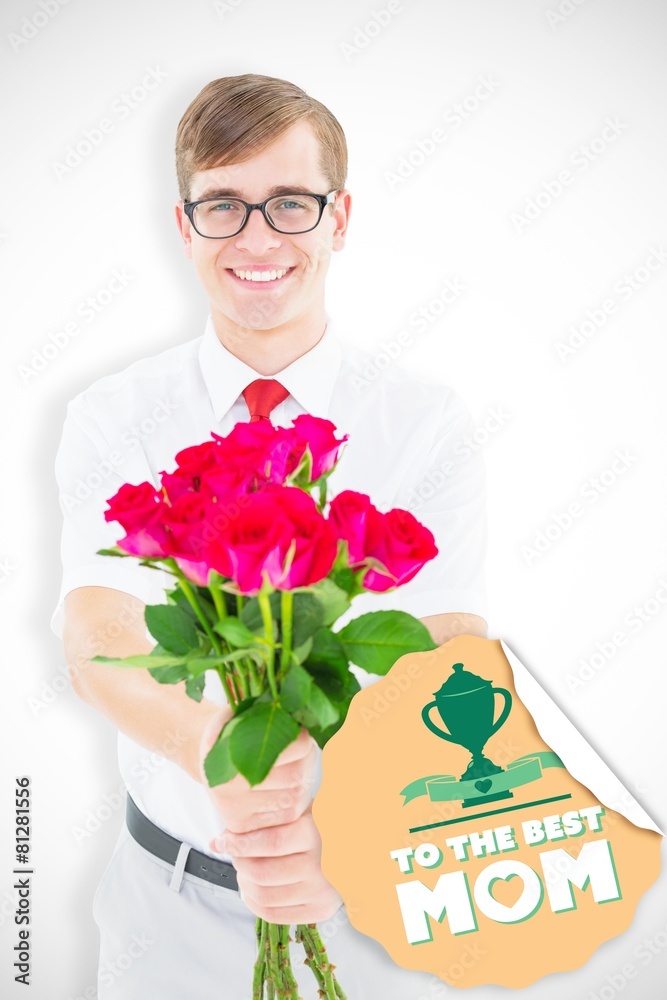 Poster composite image of geeky hipster offering bunch of roses