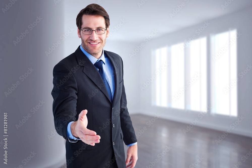 Poster composite image of hand being offered by smiling businessman