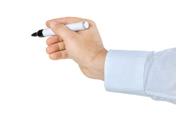 Hand mit Stift vor weißem Hintergrund