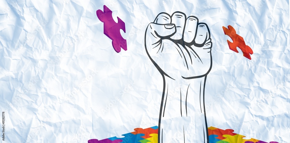 Poster composite image of hand punching through jigsaw