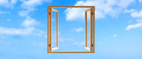 window frame wooden open sky view panoramic