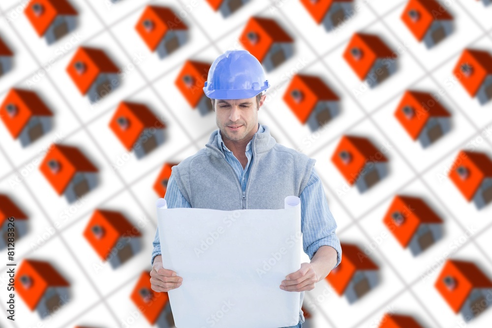 Poster Composite image of architect reading blueprints
