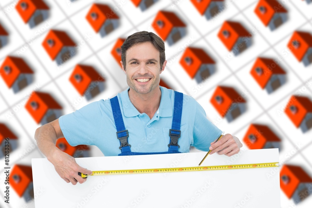 Poster composite image of happy carpenter measuring blank bill board