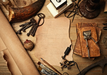 Set of old fashion elements with piece of leather and tattoo mac