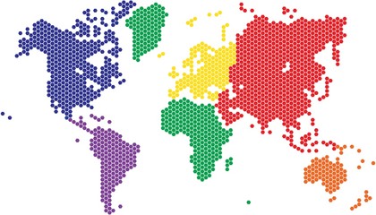 Hexagon shape world map in various colors by continent.