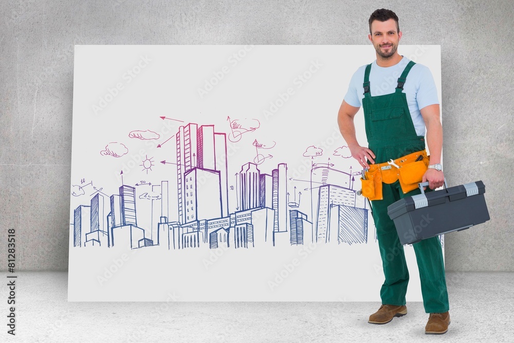 Poster Composite image of smiling carpenter with toolbox