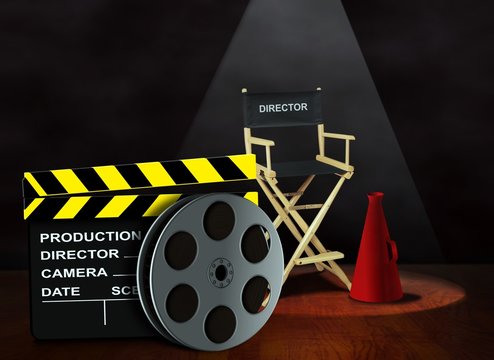 Film reel with clapper board and director chair