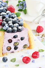 Homemade yogurt mousse cake ( charlotte ) with fresh berries.