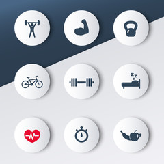 fitness, health, recreation, training, gym trendy round icons