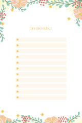 Notepad To Do List with pastel lines, flowers and leaves