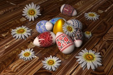 Easter eggs on the wooden floor