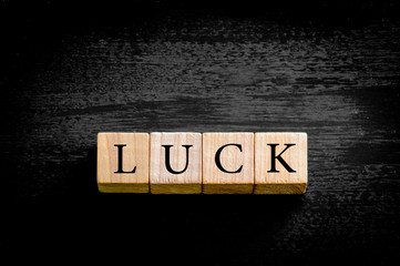 Word LUCK isolated on black background with copy space