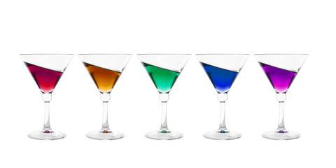 Collection of cocktail glasses with colorful inclined drink