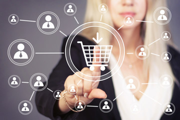 Hand press on shopping cart web sign.