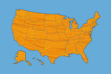 Map of the USA with the texture of wood.