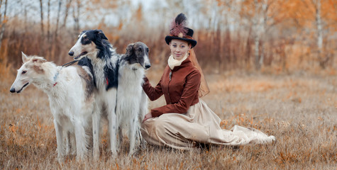 Portrait of LadyXIX Century  with russian borzoy dogs