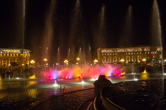 Night Yerevan and singing fountain in the central square