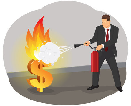 Businessman with extinguisher is fighting with burning dollar
