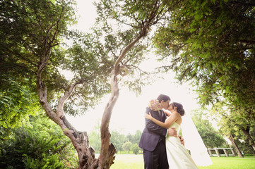 Fototapeta premium Lovely bride and groom in the park