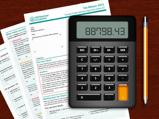 SA100 tax return form with calculator and pencil on wooden table